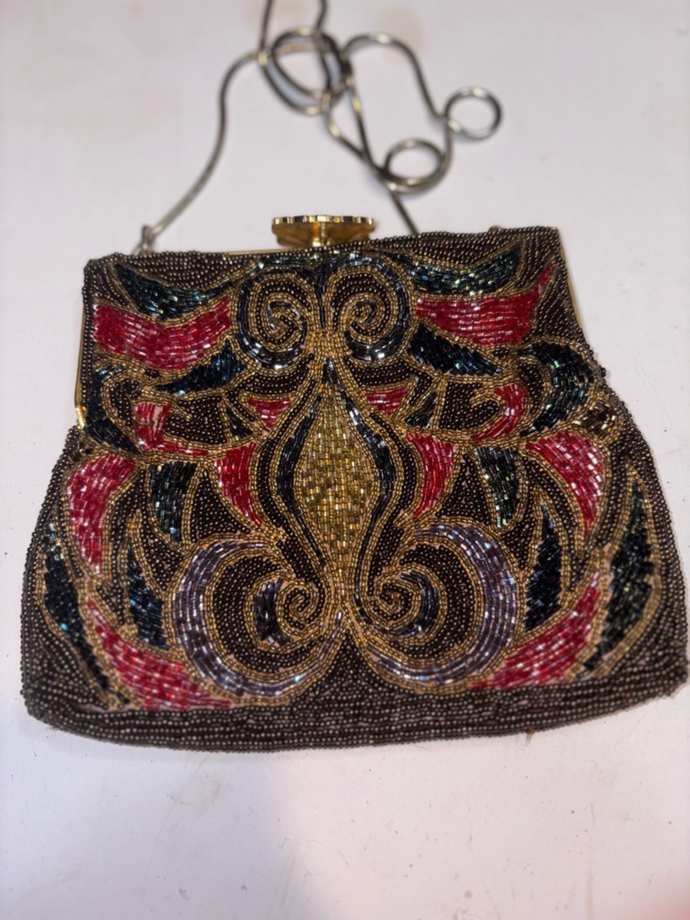 vintage La Regale multi-color beaded handbag,
 50’s 60’s metal chain